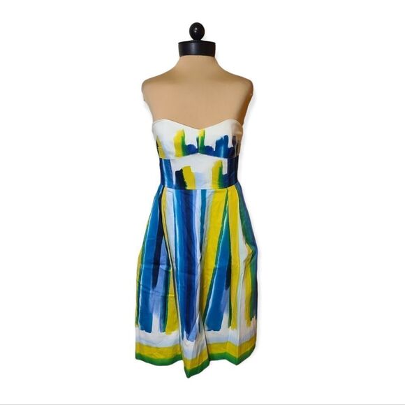 Calvin Klein White Blue Green Yellow Watercolor Strapless dress Size 6 - Picture 1 of 7
